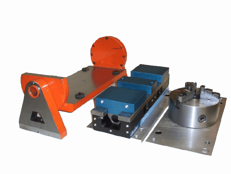Industrial equipment parts: red cylindrical part, blue rectangular component, and silver cylindrical piece on a white background.