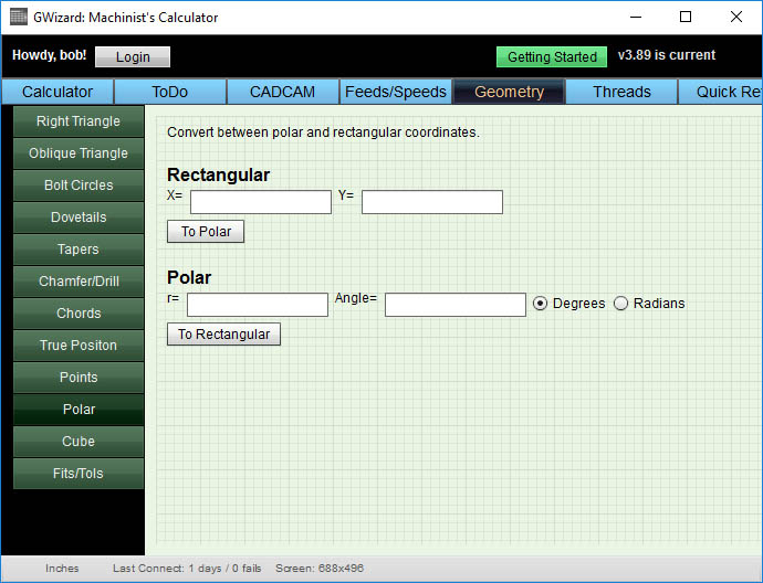 GWizard: Machinist's Calculator for polar to rectangular coordinate conversion.