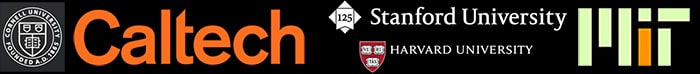 Black banner featuring four university logos: Caltech, Stanford, Harvard, and MIT.