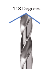 A close-up of a 118-degree drill bit tip with rounded and curved features.