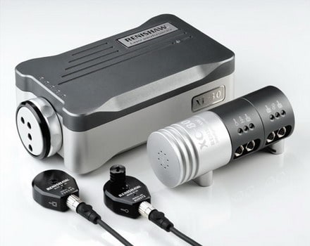Renishaw XL80 3D scanning and inspection probe in machine shop or metal fabrication setting.