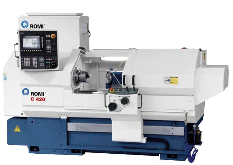 Romi C420 CNC lathe on white and blue background with control panel and large bed and spindle.