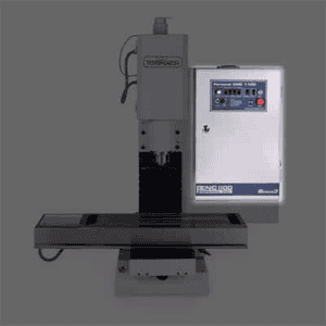 Industrial machine with control panel and display screen on light gray background featuring machine-specific logo and buttons.