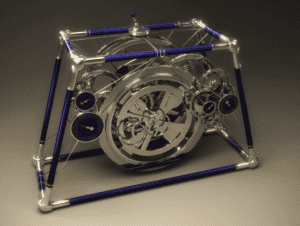Clear acrylic object with square base and four legs, featuring two small round objects on each side.